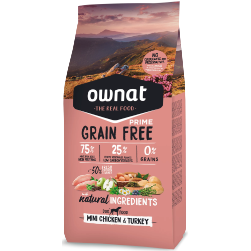 OWNAT Prime 小型全犬糧 1KG Grain Free Mini Chicken & Turkey 挑嘴配方 無穀物 走地雞+火雞 (31430)(訂貨需時2-4天)